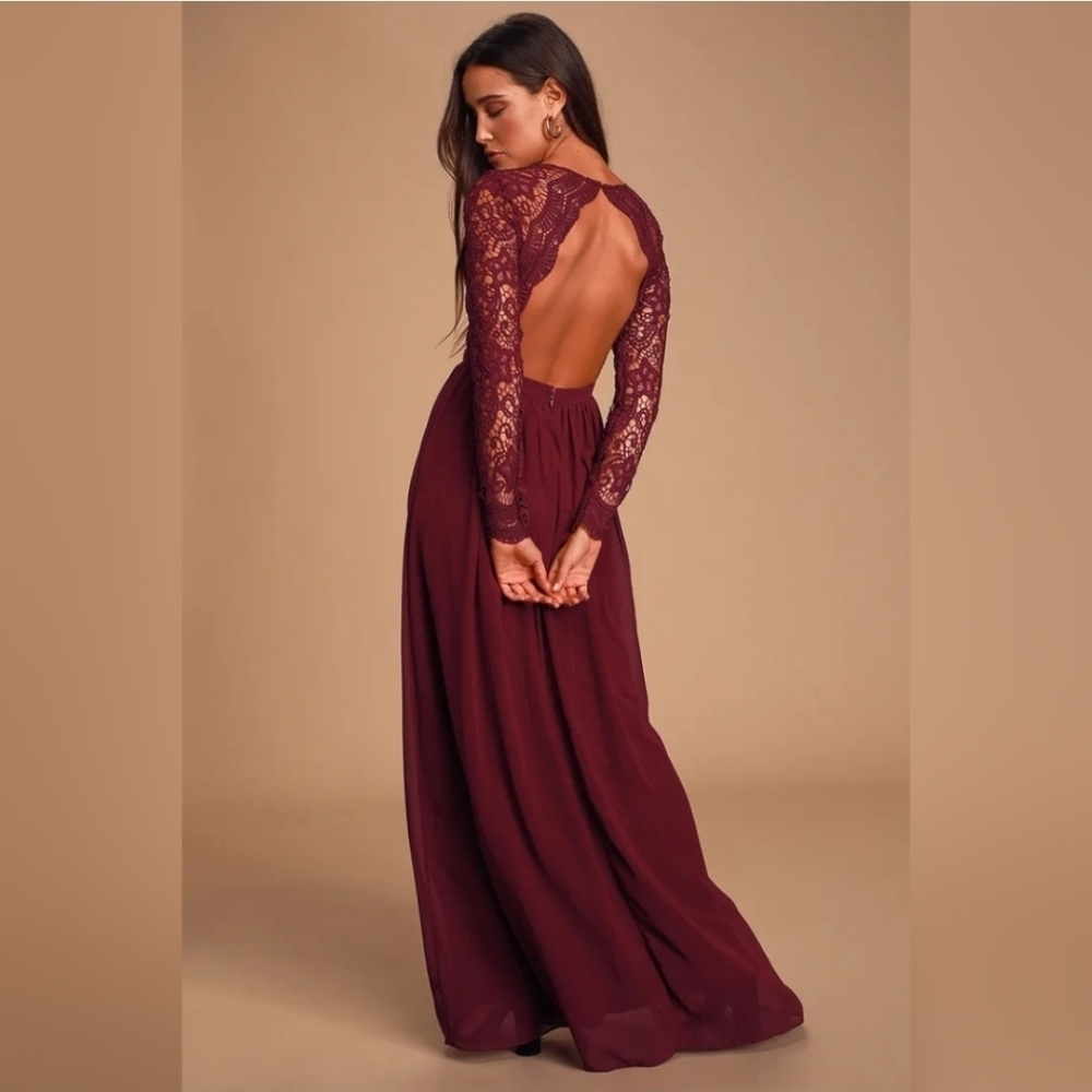 Lulus Burgundy Lace Dress Awaken My Love Long Sleeve Open Back Women’s Small